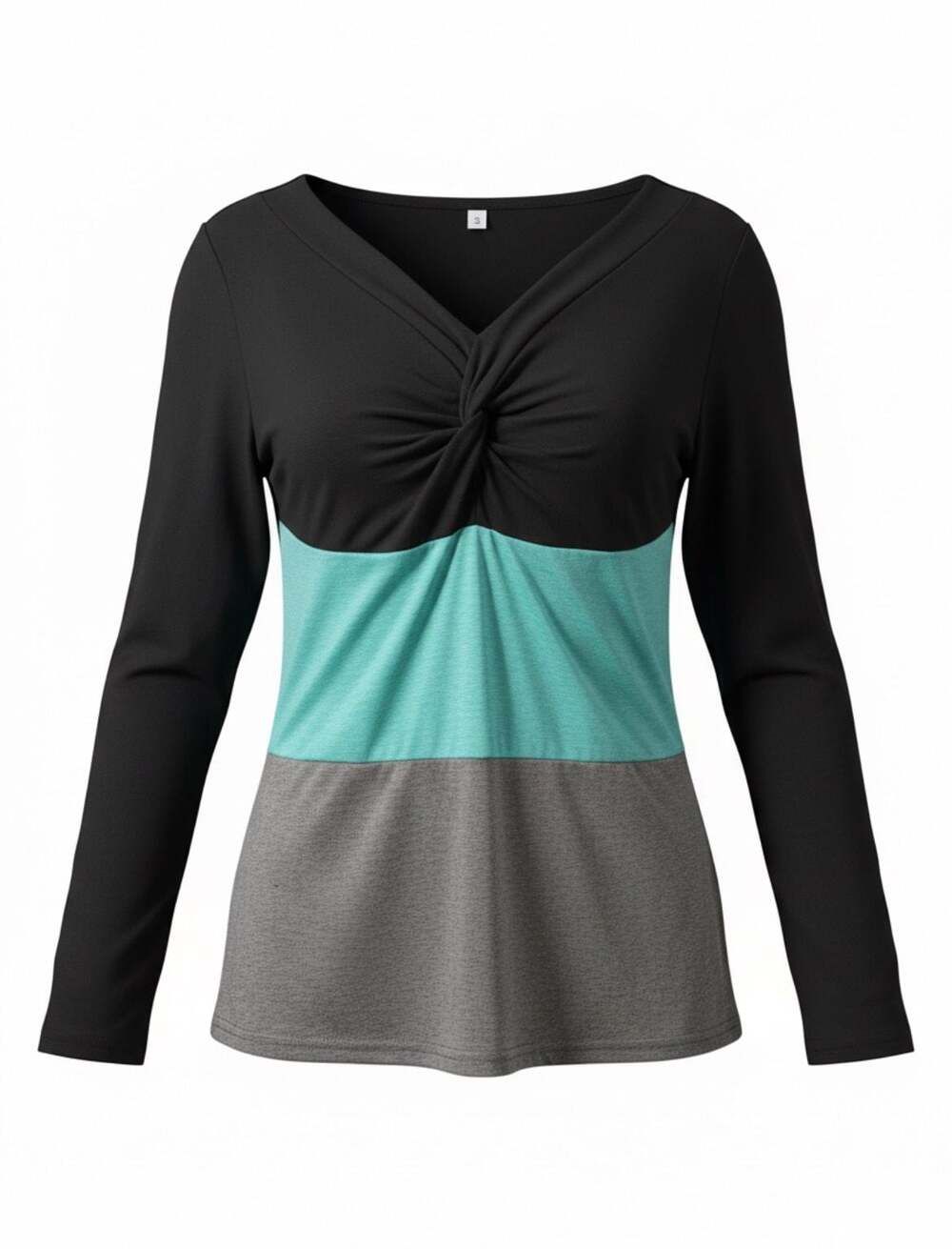 Women's V-Neck Long Sleeve Color Block Twist-Knot  T-Shirt